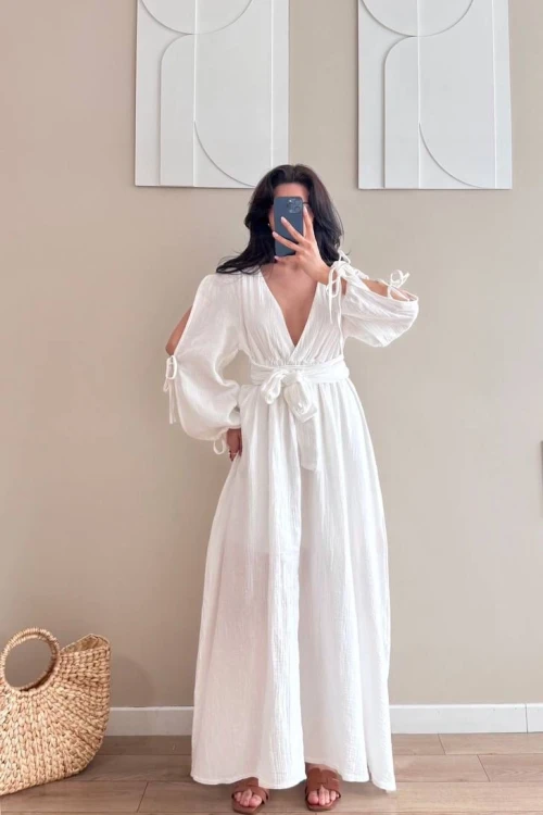 Beyaz Kolları Bağlamalı Kuşaklı Müslin Maxi Elbise