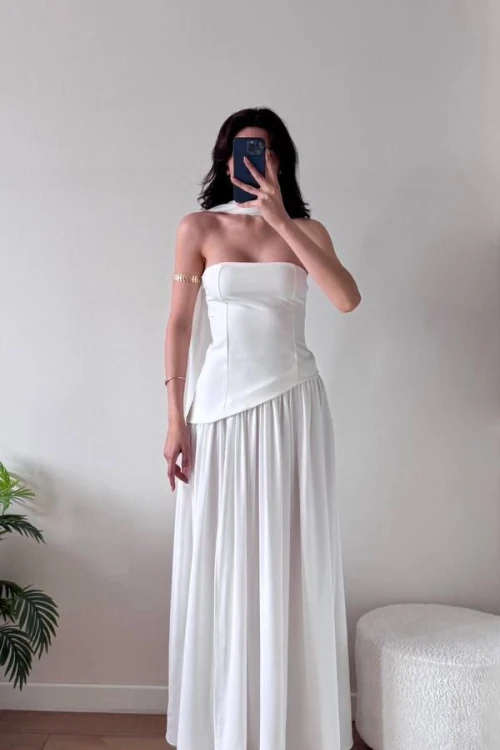 Beyaz Şallı Etek Pileli Şifon Midi Yırtmaçlı Elbise