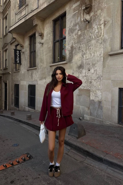 BORDO ASTARLI PİLELİ ŞORT CEKET İKİLİ TAKIM