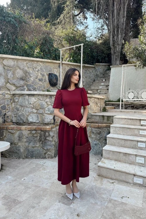 BORDO BAĞLAMALI MİDİ ELBİSE