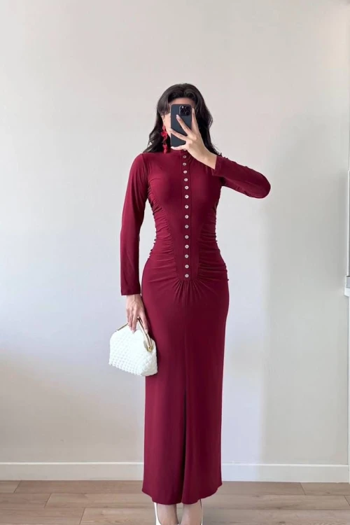 Bordo Dik Yaka Düğmeli Büzgülü Maxi Elbise