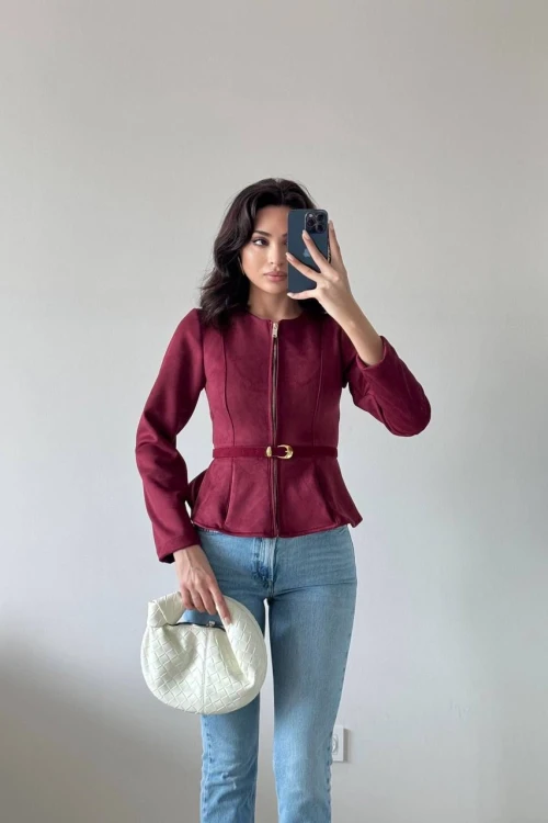 Bordo Kemerli Süet Ceket