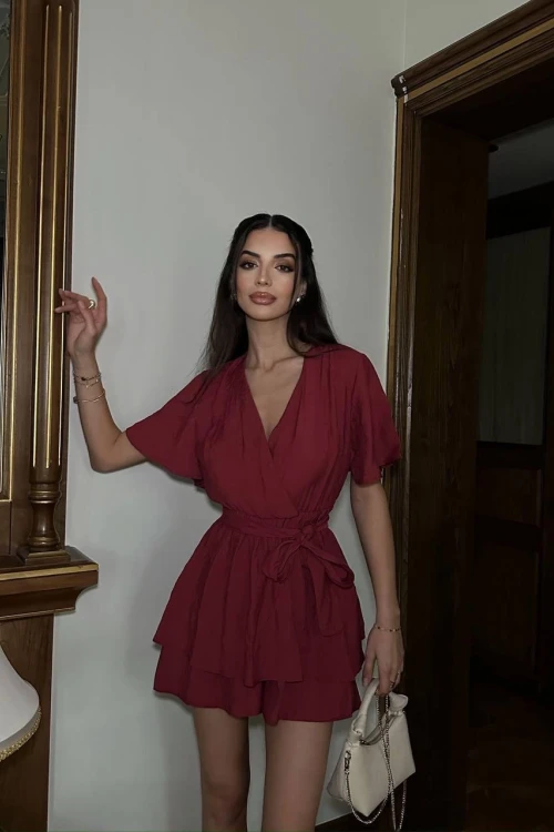 BORDO KUŞAKLI MİNİ ELBİSE