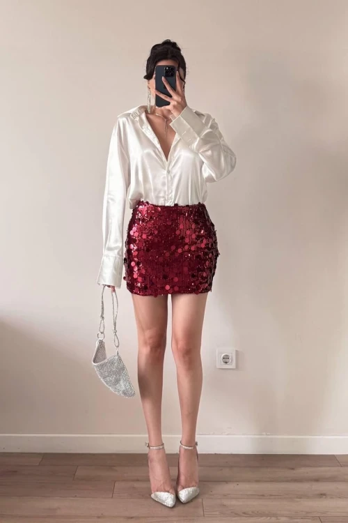 Bordo Pul Payet Mini Etek