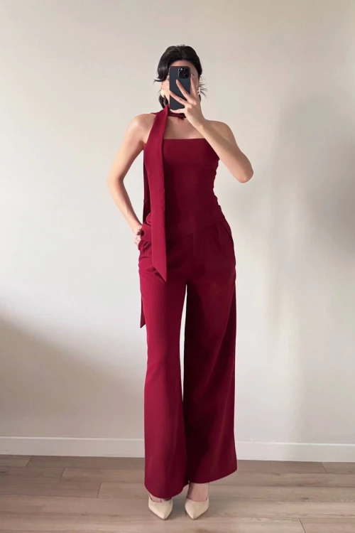 Bordo Şallı Büstiyer Pantolon İkili Takım