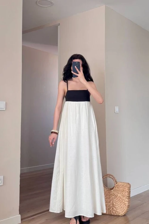 İki Renkli Askılı Keten Maxi Elbise