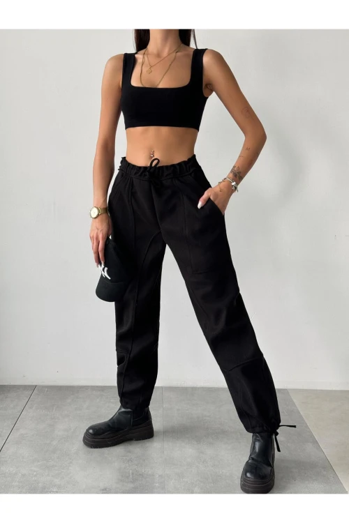 KADIN BEL VE PAÇA BAĞLAMALI SİYAH KAŞE PANTOLON