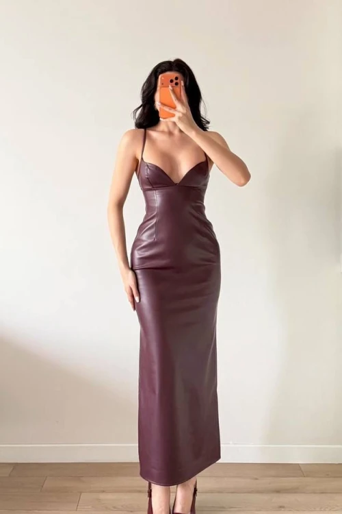 Kadın Bordo Askılı Deri Elbise