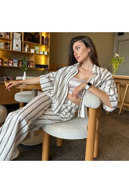 Kadın City Çizgili Keten Takım