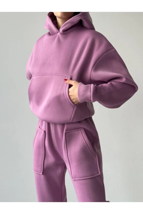 Kadın Üç Iplik Içi Polarlı LİLA Eşofman Takımı