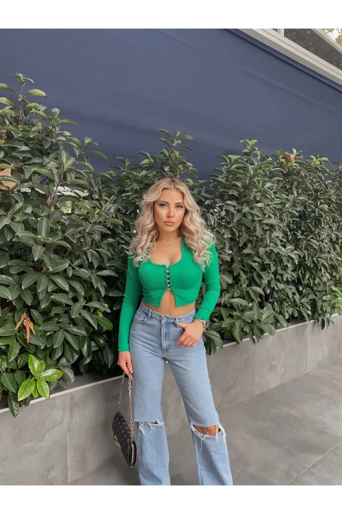 Kadın Yeşil Inci Detaylı Triko Hırka