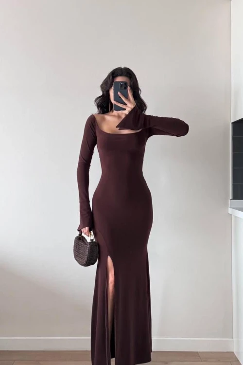 KAHVE İSPANYOL KOL YIRTMAÇLI MAXİ ELBİSE