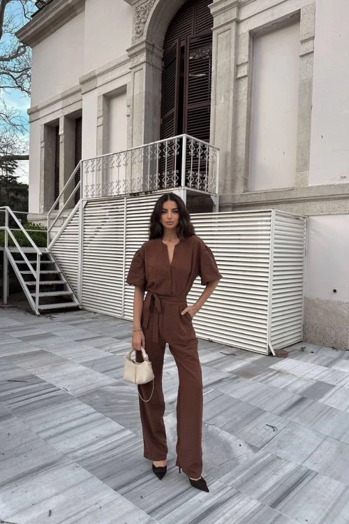 Kahve Kuşaklı Cepli Düğmeli Tulum