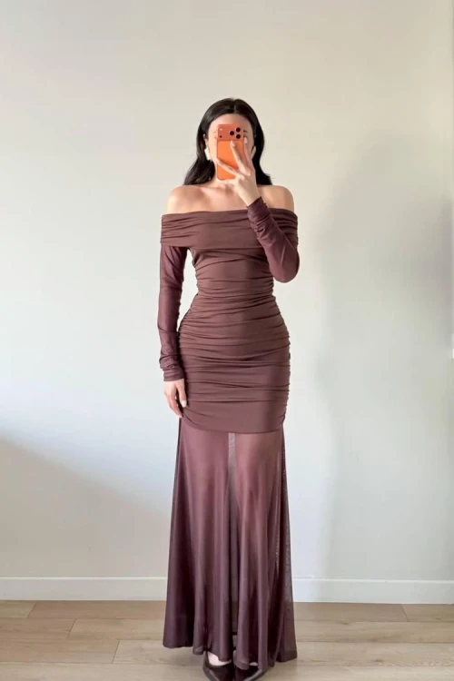 Kahve Straplez Kol Ve Etek Tüllü Maxi Elbise