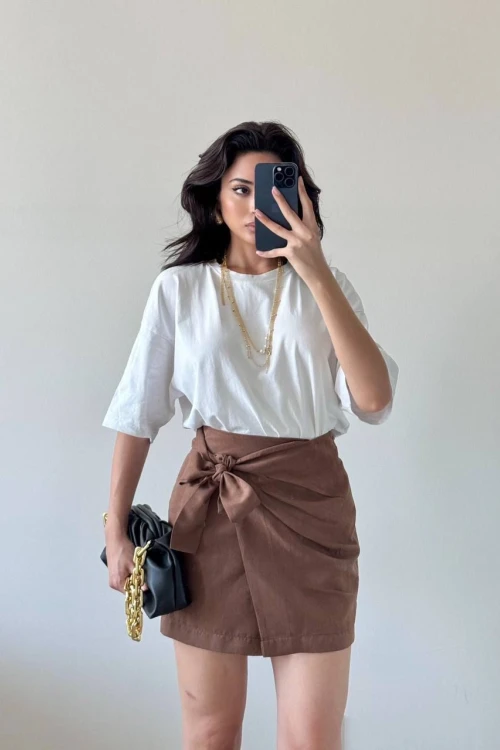 Kahve Süet Pileli Fiyonk Bağlamalı Mini Etek