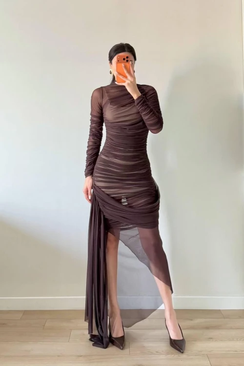 Kahverengi Büzgülü Maxi Tül Elbise