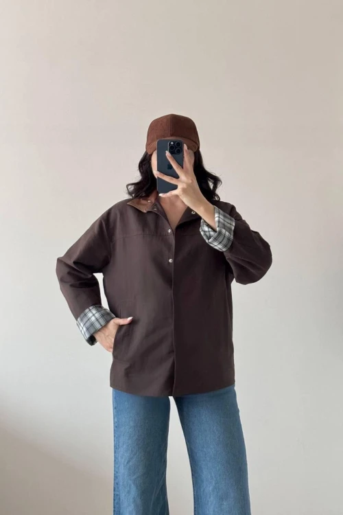 Kahverengi Uzun Kollu Çıt Çıtlı Yakası Derili Ceket