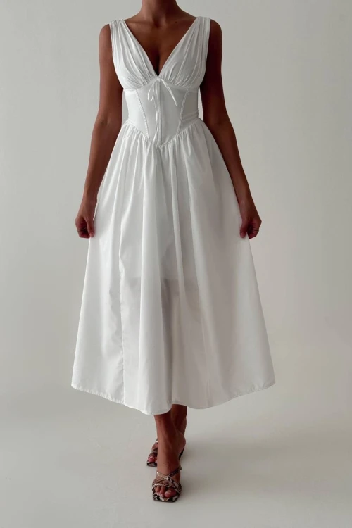 KALIN ASKILI BEYAZ MİDİ ELBİSE