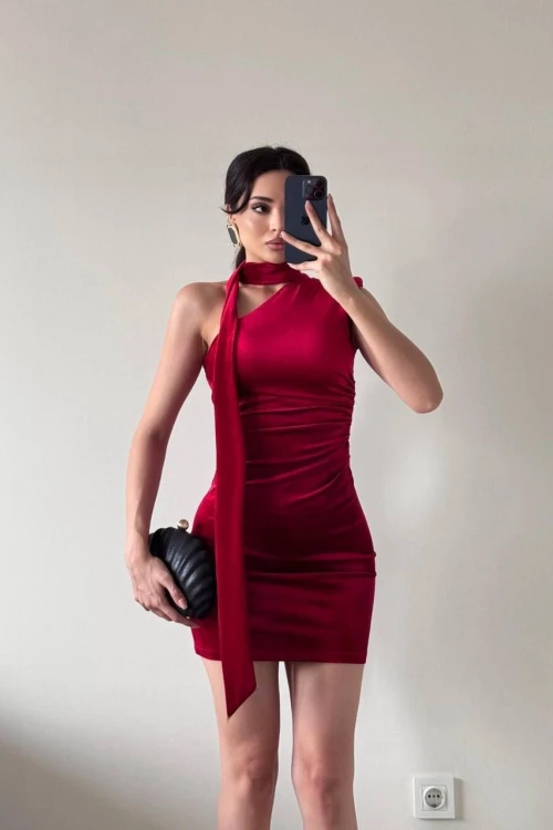 Kırmızı Kadife Şallı Beli Büzgülü Mini Elbise