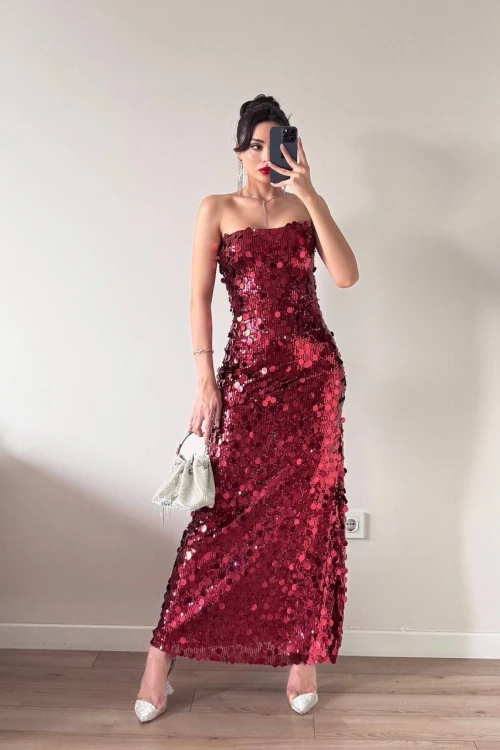 Kırmızı Straplez Pul Payet Maxi Elbise