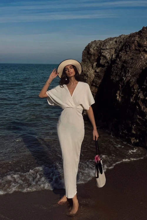 KRUVAZE YAKA BEYAZ MİDİ ELBİSE