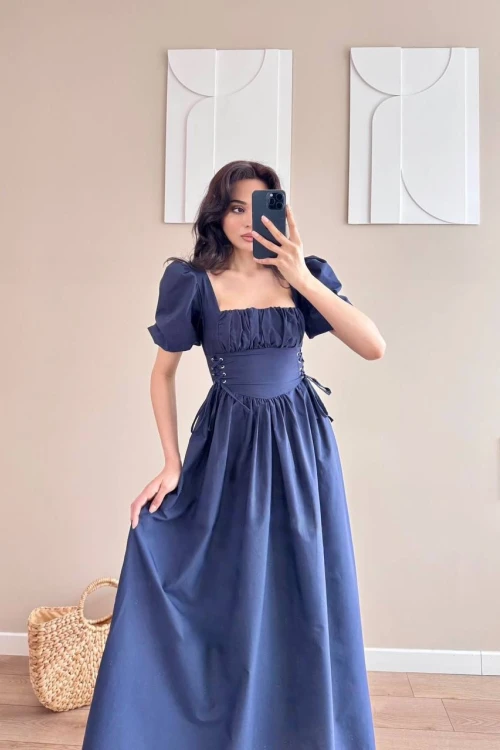Lacivert Bel Kuş Gözü Detaylı U Yaka Korseli Midi Elbise