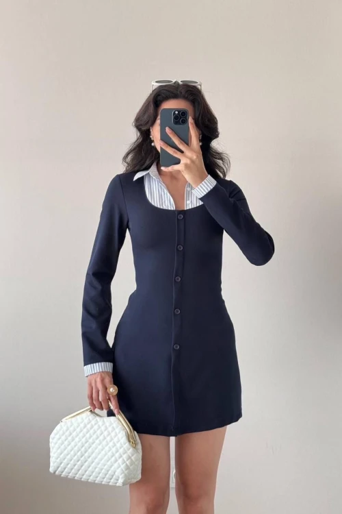 Lacivert Çizgili Mini Uzun Kollu Gömlek Elbise