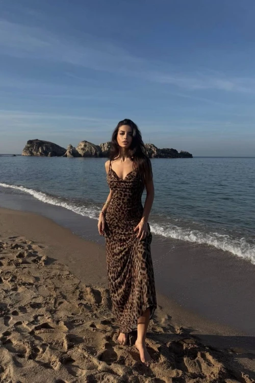 LEOPAR DESENLİ MİDİ DEGAJE YAKA ELBİSE