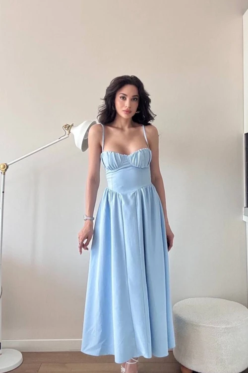 Mavi Askılı Gloplu Maxi Elbise