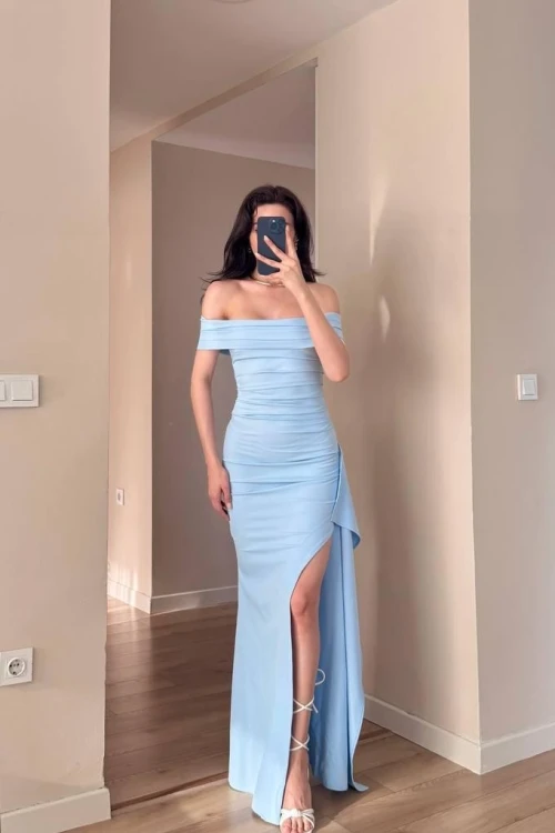 Mavi Madanno Yaka Yırtmaçlı Maxi Elbise