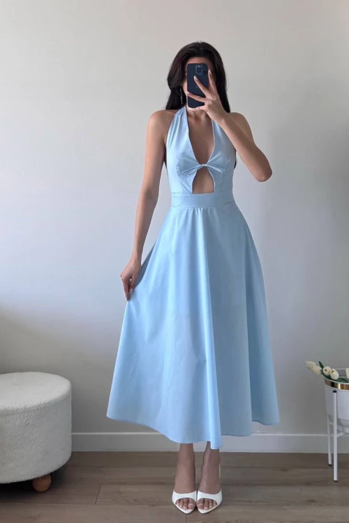 Mavi Ön Bağlamalı Astarlı Midi Elbise