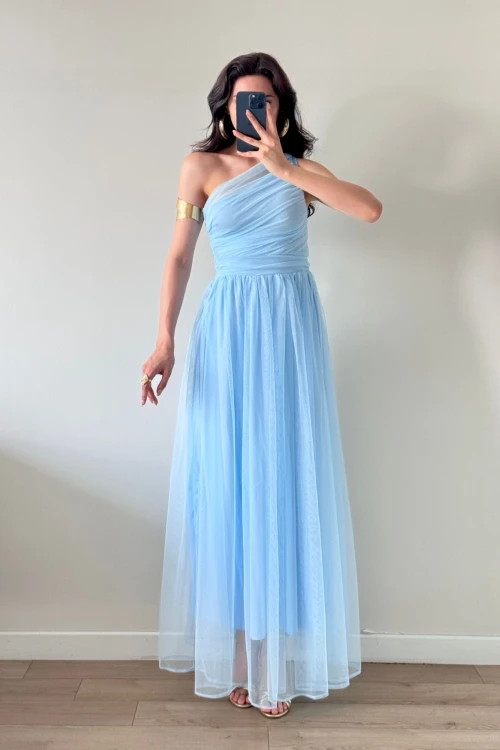 Mavi Tek Omuz Tül Büzgülü Maxi Elbise