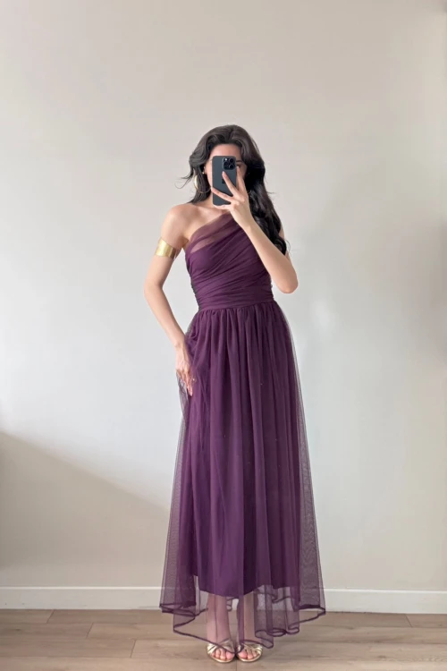 Mürdüm Tek Omuz Tül Büzgülü Maxi Elbise