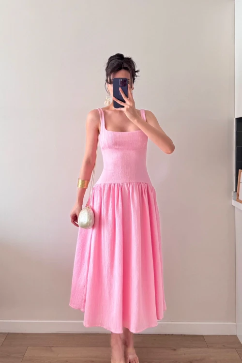 Pembe Askılı Sırt Dekolteli Midi Elbise