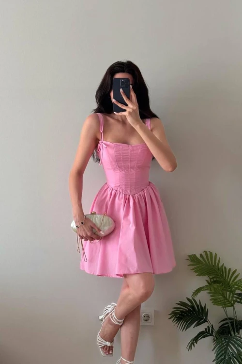 Pembe Beli Korseli Omuz Bağlamalı Mini Elbise