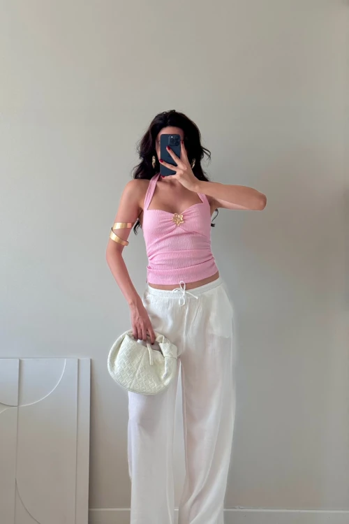 Pembe Broşlu Büzgülü Mini Büstiyer