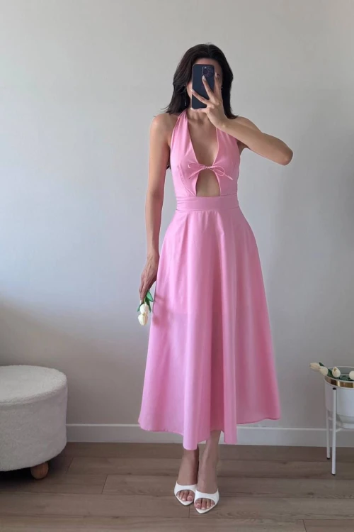Pembe Ön Bağlamalı Astarlı Midi Elbise