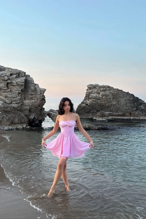 Pembe Straplez Dantelli Mini Elbise