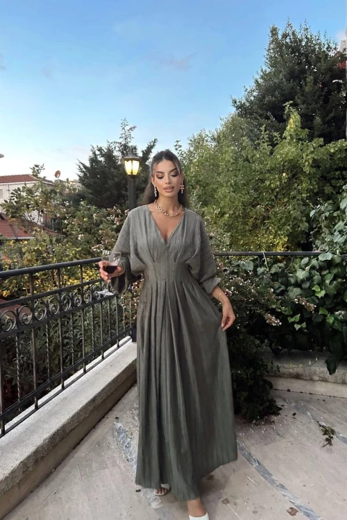 PİLELİ BALON KOL HAKİ MAXİ ELBİSE