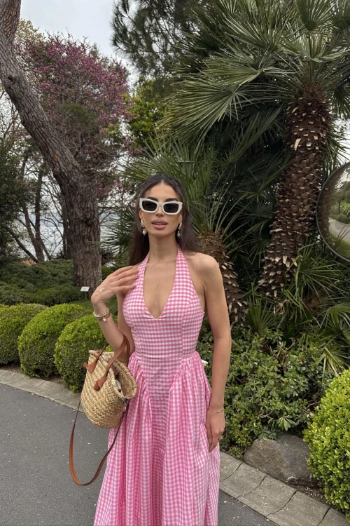 Pötikareli Pembe Maxi Pinterest Elbise