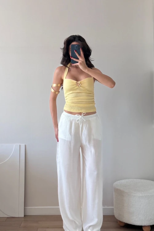 Sarı Broşlu Büzgülü Mini Büstiyer