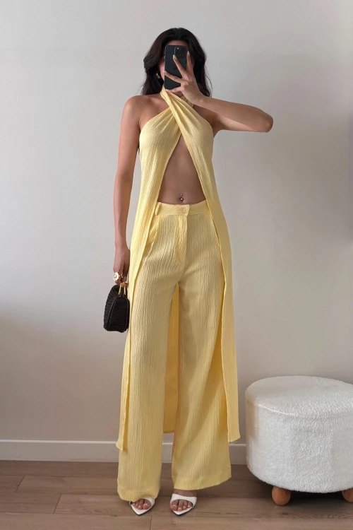 Sarı Çarpraz Bağlamalı Pantolon Yelek Takım