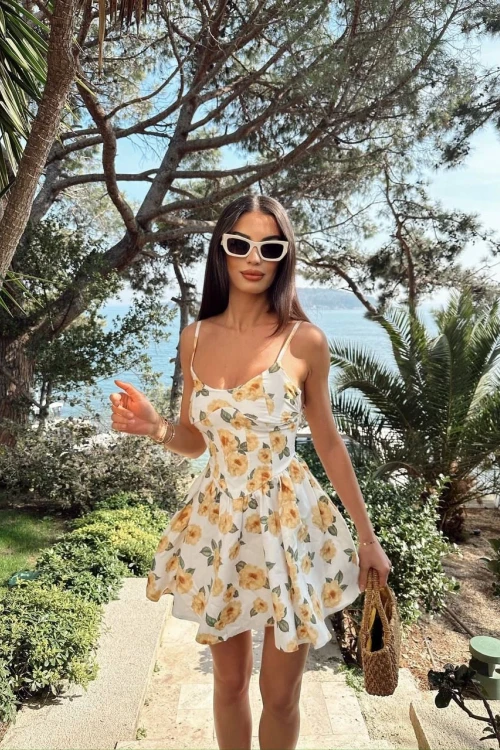 Sarı Çiçekli Askılı Mini Elbise