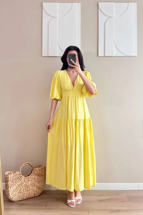 Sarı Kısa Kollu V Yaka Maxi Elbise