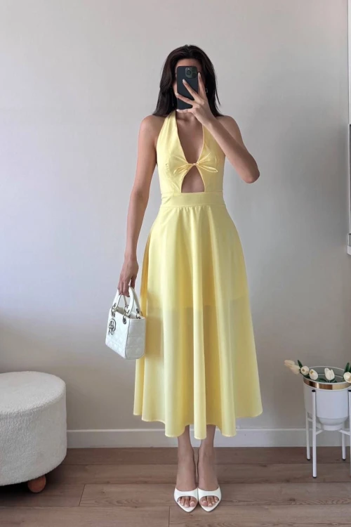 Sarı Ön Bağlamalı Astarlı Midi Elbise
