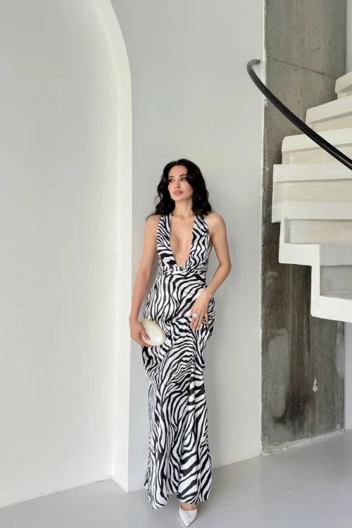 Saten Siyah Omuz Bağlamalı Midi Elbise