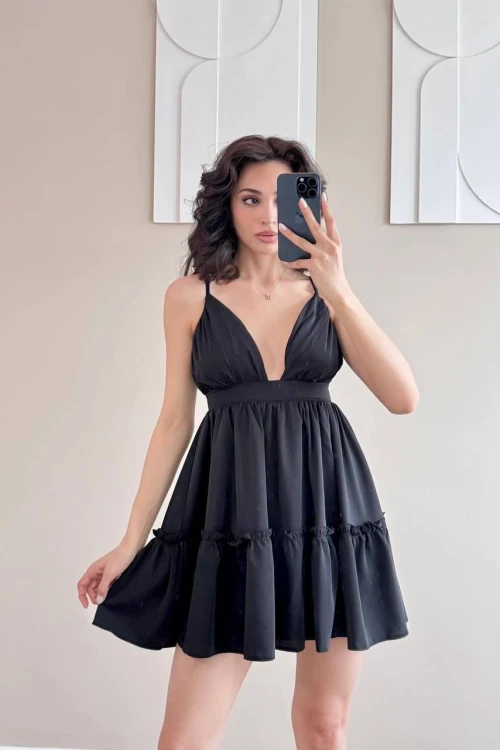 Siyah Askılı Mini Jesica Elbise