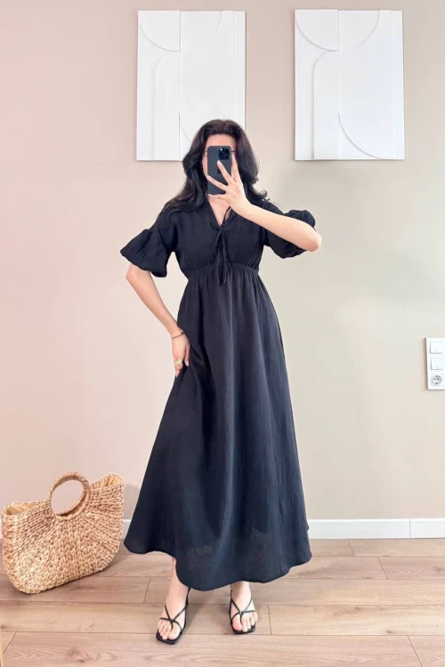 Siyah Bağlamalı Müslin Midi Elbise