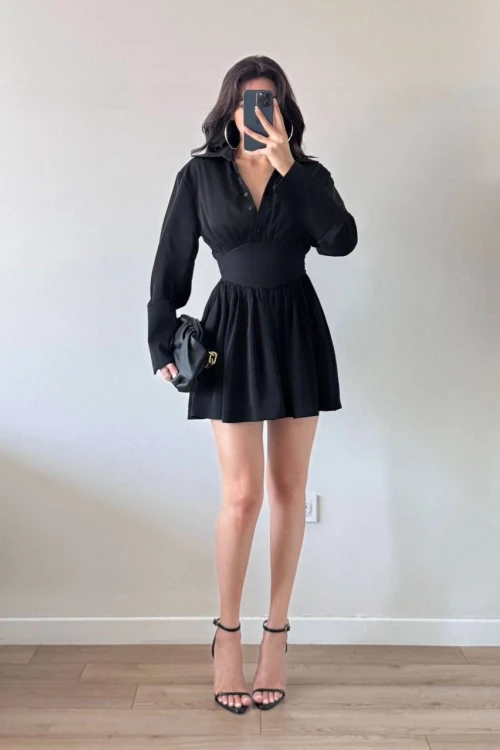 Siyah Beli Korseli Büzgülü V Yaka Mini Gömlek Elbise