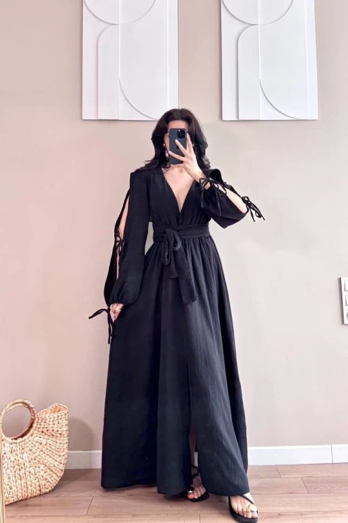 Siyah Kolları Bağlamalı Kuşaklı Müslin Maxi Elbise